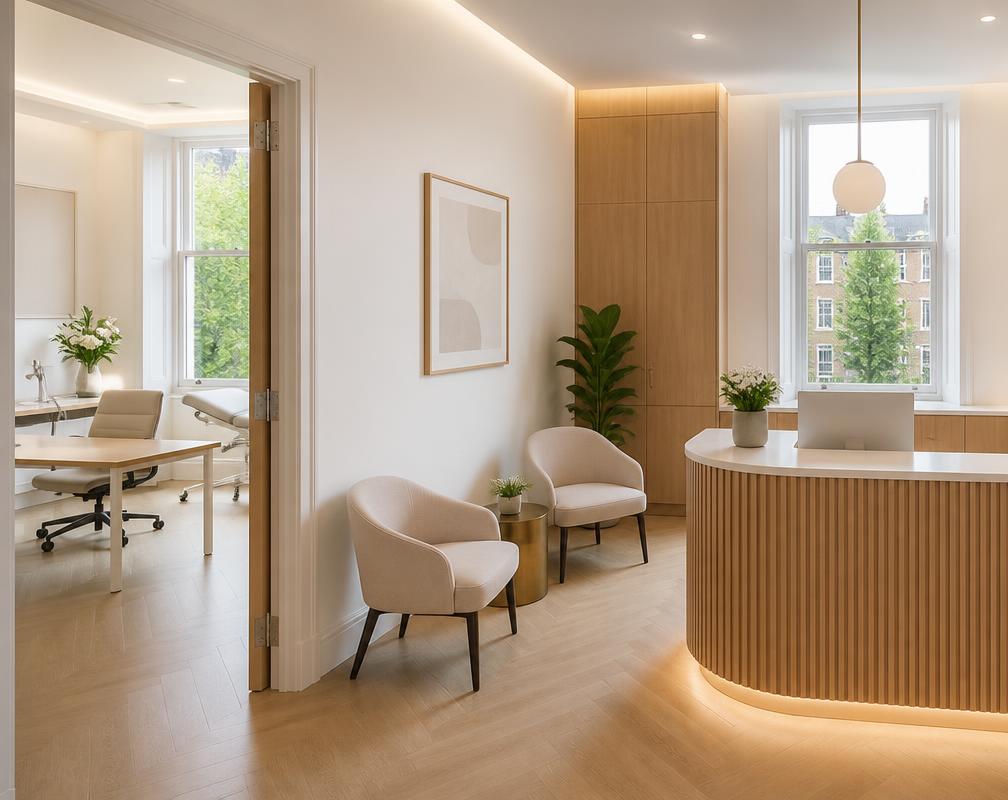 Reception and consultation room of a modern private clinic in London