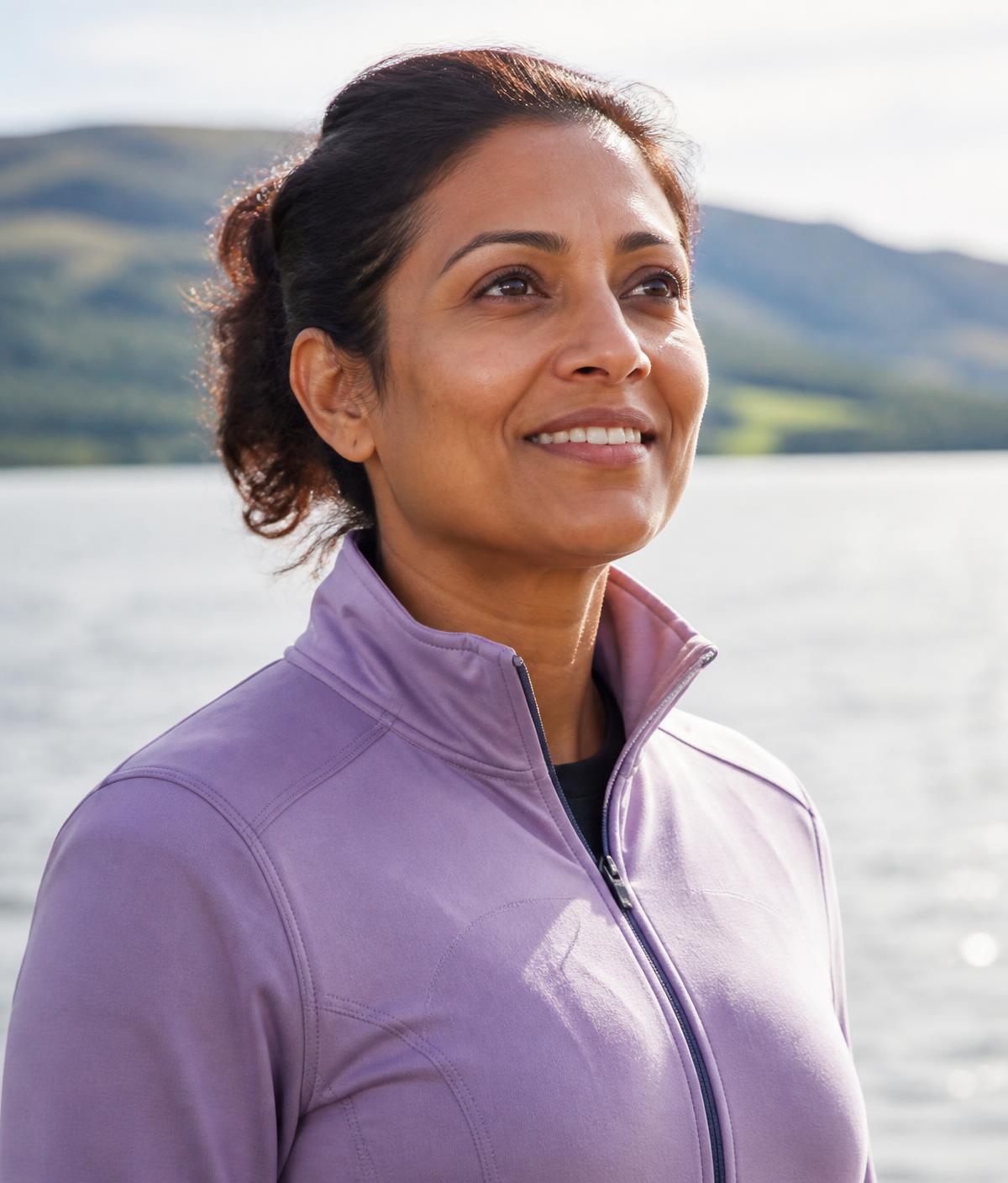 A woman outdoors by a lake on a bright day, looking calm and optimistic
