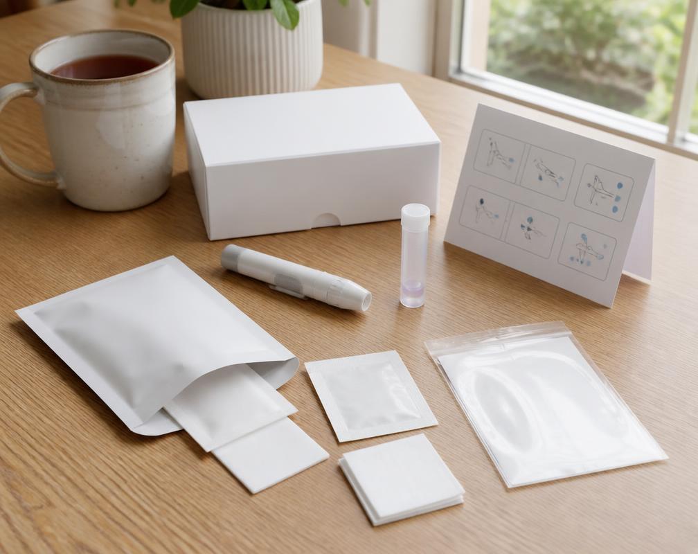 A home blood-collection kit laid out on a kitchen table beside a mug of tea