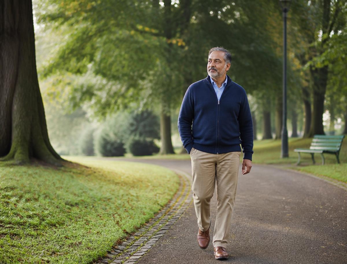 A man walking through a leafy British park in the morning